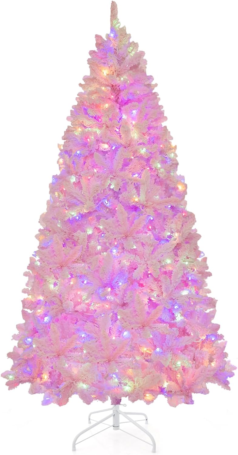Load image into Gallery viewer, Goplus 6FT Pink Pre-lit Christmas Tree, Hinged Snow Flocked Artificial Xmas Tree, Seasonal Holiday Decoration for Office Home