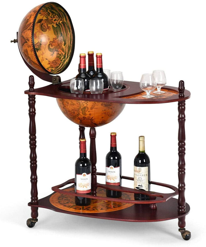 Load image into Gallery viewer, 34" Wood Globe Wine Bar Stand 16th Century Italian Rack Bigger Shelf for More Liquor Bottle - GoplusUS