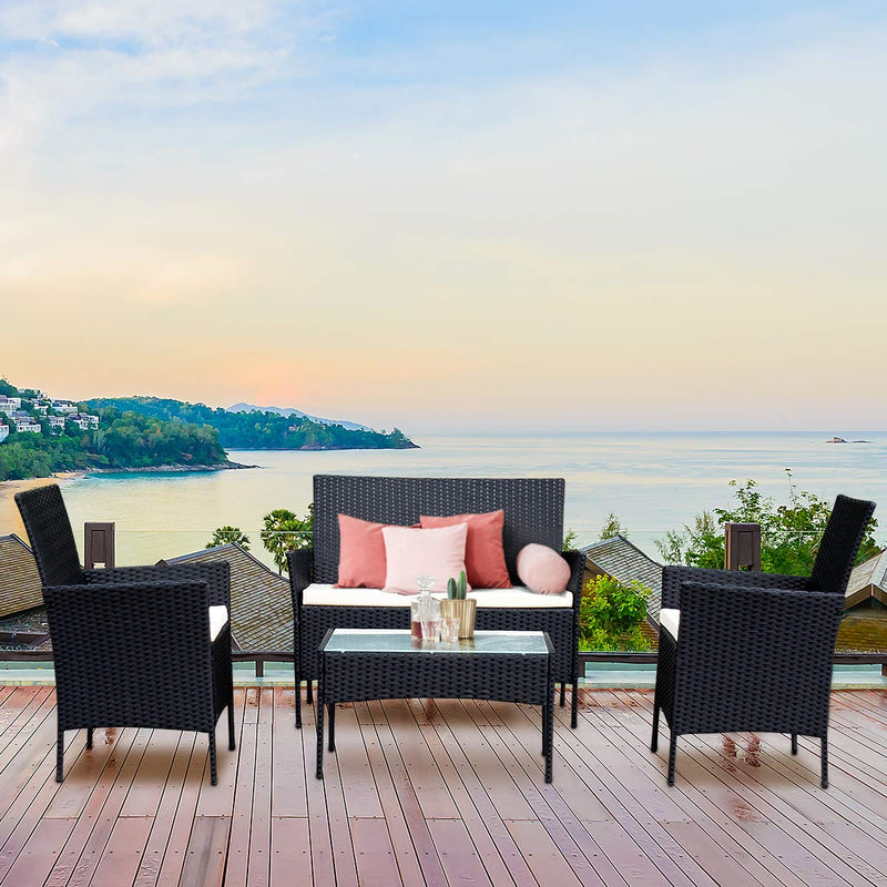 Load image into Gallery viewer, Rattan Sofa Furniture Set Outdoor Garden Patio 4-Piece Cushioned Seat Wicker (Black)