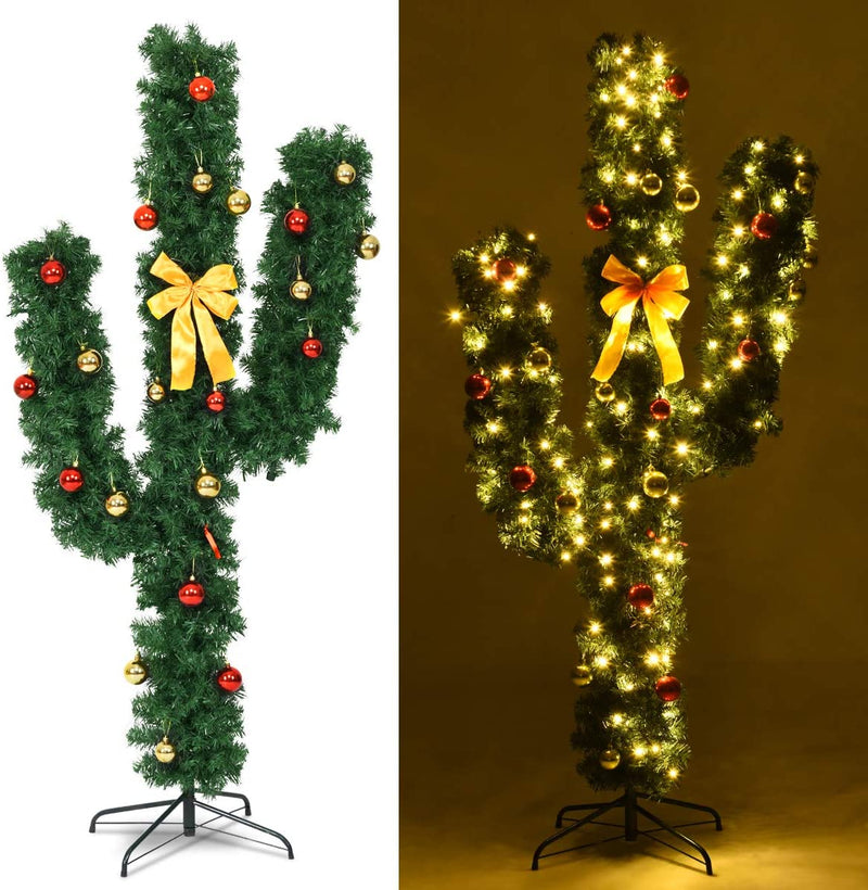 Load image into Gallery viewer, Pre-Lit Artificial Cactus Christmas Tree with LED Lights and Ball Ornaments - Goplus