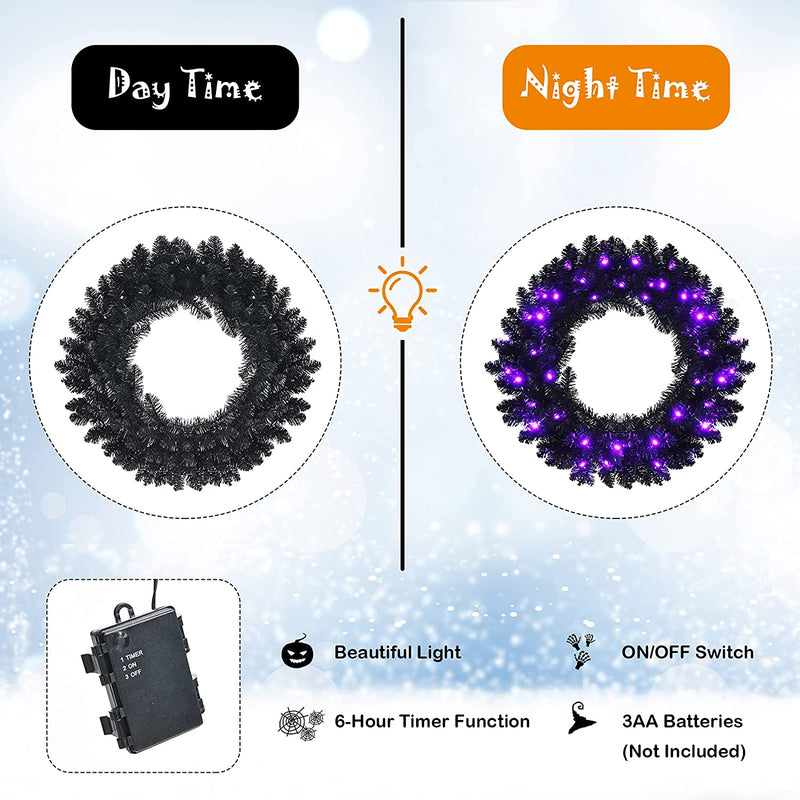 Load image into Gallery viewer, 24' Black Halloween Wreath, Pre-lit Artificial Christmas Wreath - GoplusUS