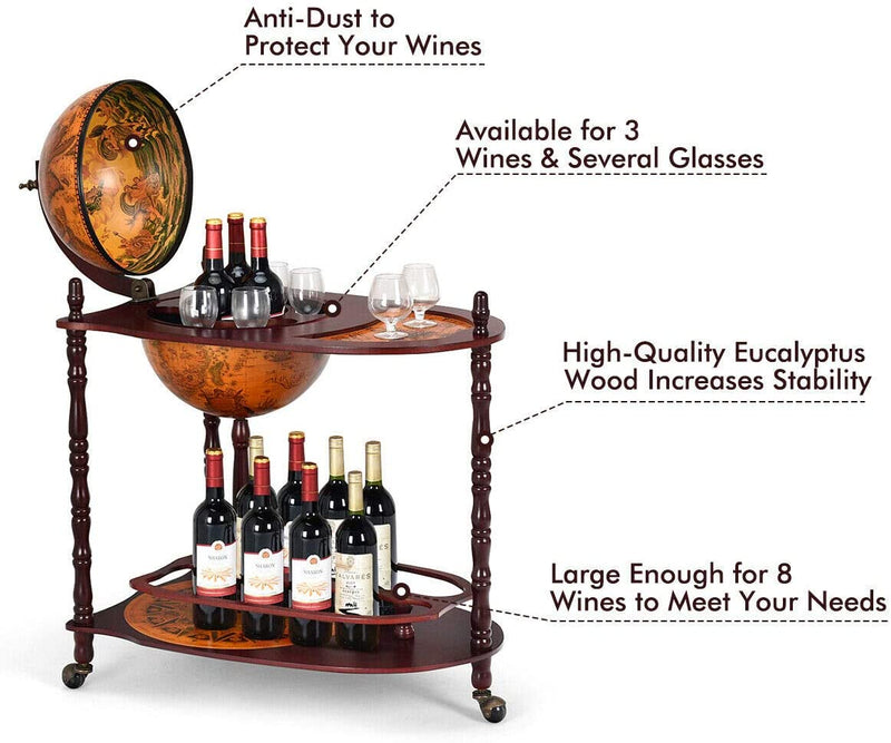 Load image into Gallery viewer, 34" Wood Globe Wine Bar Stand 16th Century Italian Rack Bigger Shelf for More Liquor Bottle - GoplusUS