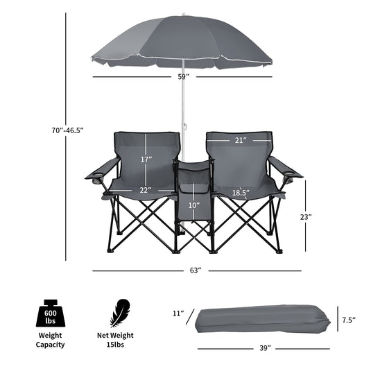 Double Folding Picnic Chairs Umbrella Mini Table Beverage Holder Carrying Bag - GoplusUS