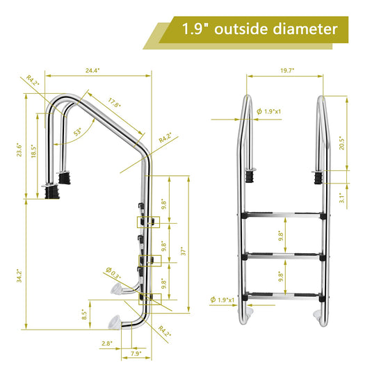 Swimming Pool Ladder, 3-Step In-Ground Stainless Steel Step for Indoor/Outdoor Pool
