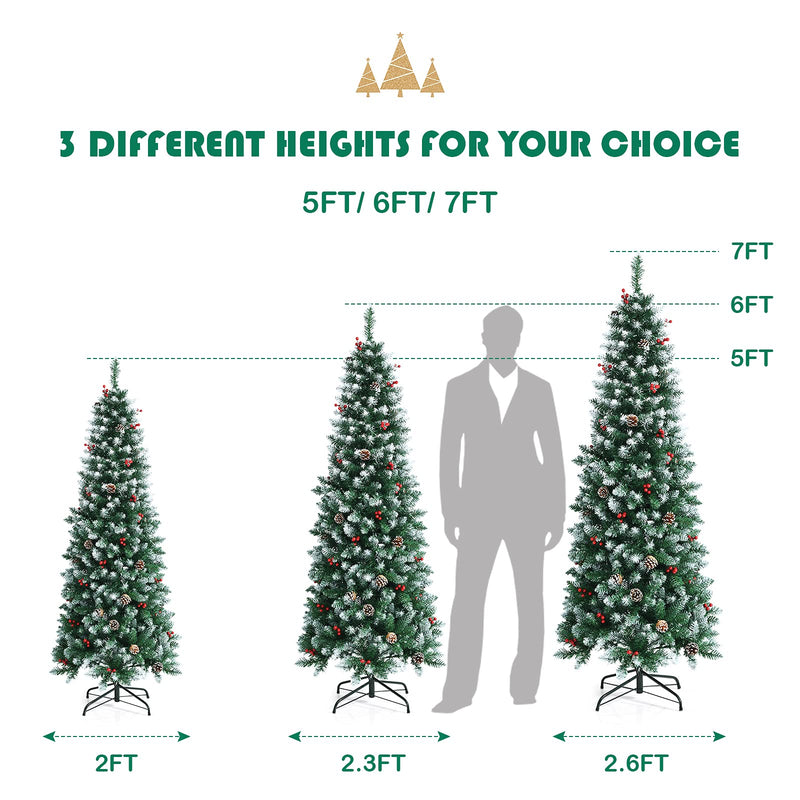 Load image into Gallery viewer, 5ft Pre-lit Pencil Christmas Tree, Snow Flocked Artificial Hinged Xmas Tree - GoplusUS