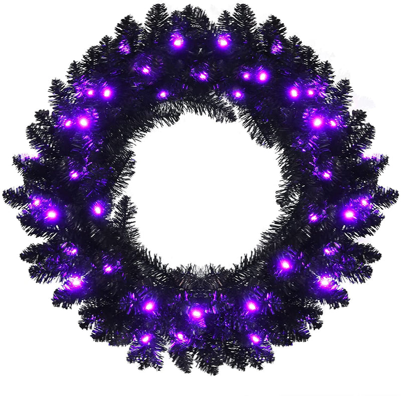Load image into Gallery viewer, 24' Black Halloween Wreath, Pre-lit Artificial Christmas Wreath - GoplusUS