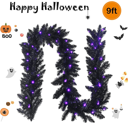 9FT Black Halloween Garland with Lights - GoplusUS