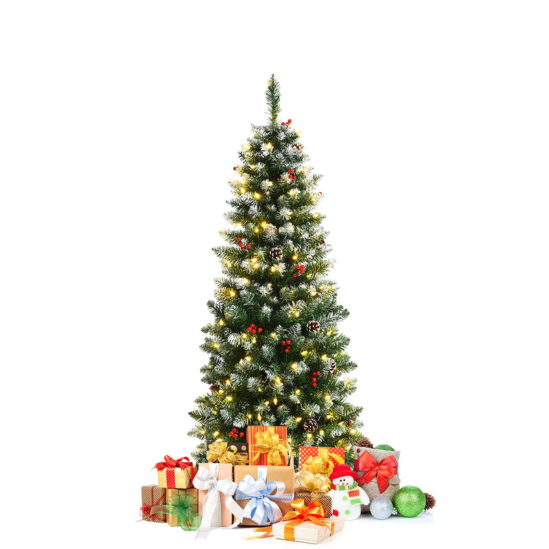 Load image into Gallery viewer, 5ft Pre-lit Pencil Christmas Tree, Snow Flocked Artificial Hinged Xmas Tree - GoplusUS