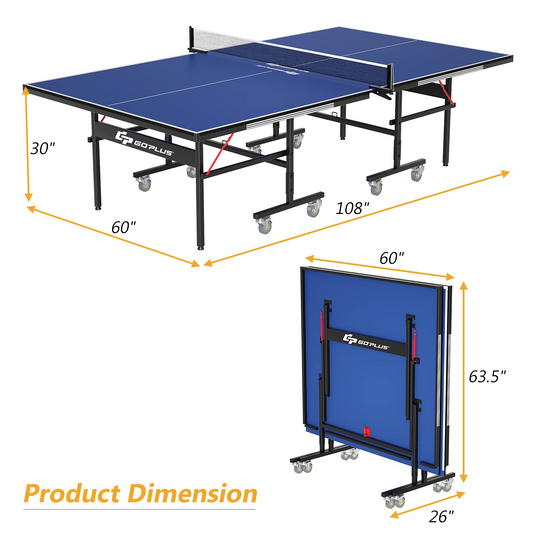 Goplus Foldable Table Tennis Table, 9'x5' Professional Ping Pong Table with Quick Clamp Net & Post Set & Wheels - GoplusUS