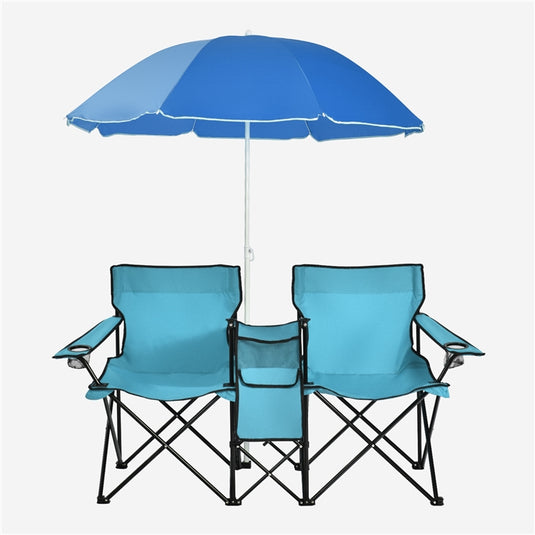 Double Folding Picnic Chairs Umbrella Mini Table Beverage Holder Carrying Bag - GoplusUS
