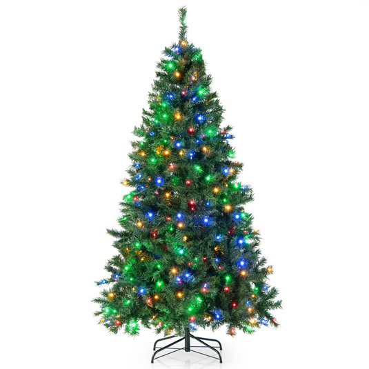 Goplus 7ft Artificial Pre-Lit Christmas Tree, Hinged Full Xmas Tree with 350 Multi-Color LED Lights - GoplusUS