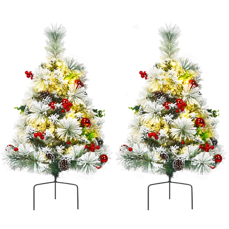Load image into Gallery viewer, Goplus 2FT Pathway Christmas Trees Set of 2, Pre-Lit Snow Flocked Xmas Trees with 30 Warm White LED Lights - GoplusUS