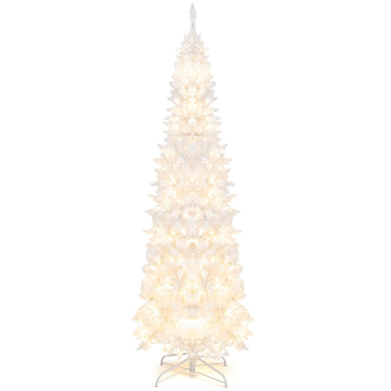 Load image into Gallery viewer, Goplus 7ft White Pre-Lit Pencil Christmas Tree, Artificial Hinged Slim Tree with 800 Tips, 300 Warm White Lights - GoplusUS