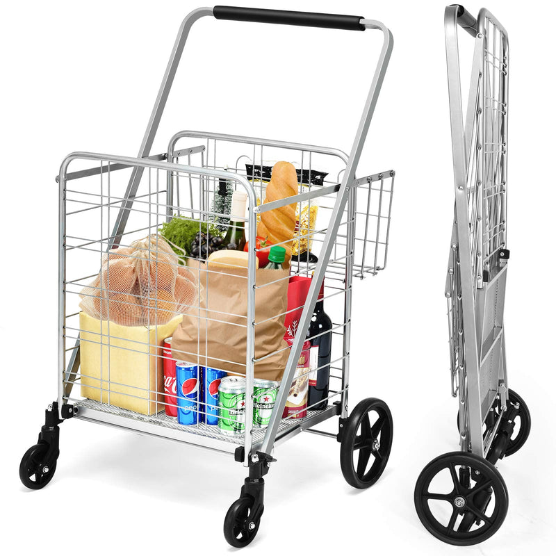 Load image into Gallery viewer, Folding Shopping Cart, Jumbo Double Basket Utility Grocery Cart 330lbs Capacity with 360 degree Rolling Swivel Wheels - GoplusUS
