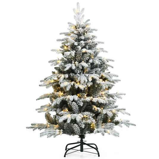 Goplus 4.5ft / 6ft / 7ft Pre-lit Snow Flocked Christmas Tree, Premium Hinged Artificial Pine Tree w/ 120 LED Lights & 757 PE & PVC Branch Tips - GoplusUS