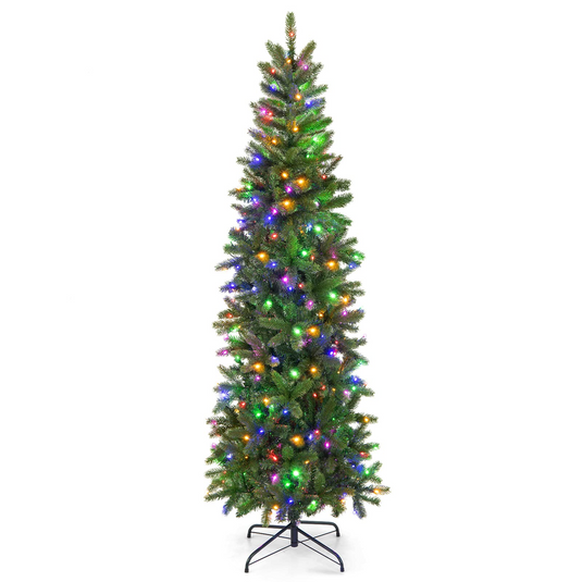 Goplus 6ft / 7ft Pre-Lit Pencil Christmas Tree, Hinged Artificial Slim Tree with 648 PVC PE Branch Tips - GoplusUS