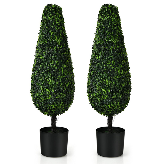 Goplus 3ft Artificial Boxwood Tower Topiary Trees, 2 Pack Faux Decorative Plants in Cement-Filled Plastic Pot - GoplusUS