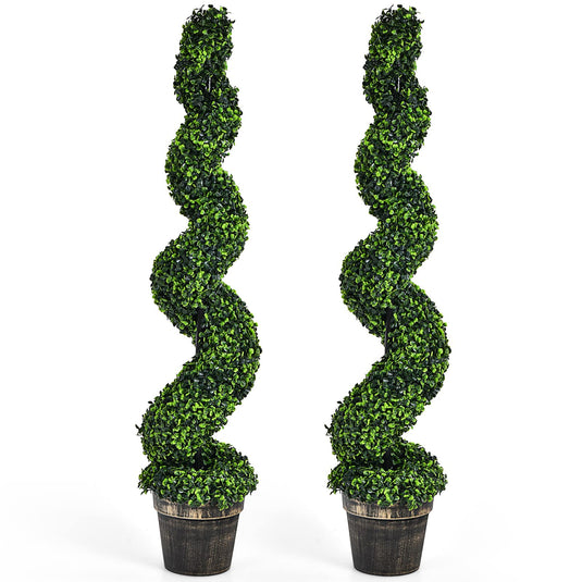 4FT Artificial Spiral Boxwood Topiary Tree Set of 2, Faux Decorative Plants in Cement-Filled Plastic Pot - GoplusUS