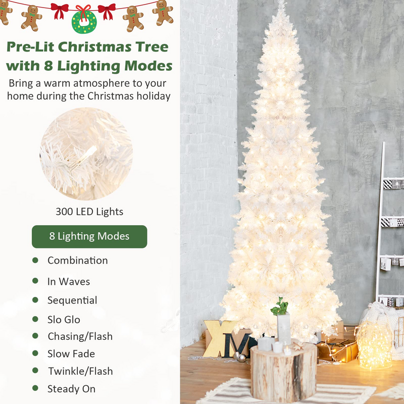 Load image into Gallery viewer, Goplus 7ft White Pre-Lit Pencil Christmas Tree, Artificial Hinged Slim Tree with 800 Tips, 300 Warm White Lights - GoplusUS