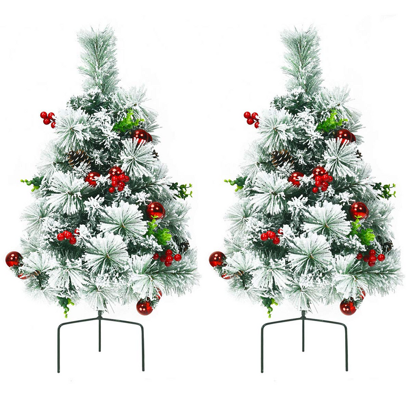 Load image into Gallery viewer, Goplus 2FT Pathway Christmas Trees Set of 2, Pre-Lit Snow Flocked Xmas Trees with 30 Warm White LED Lights - GoplusUS