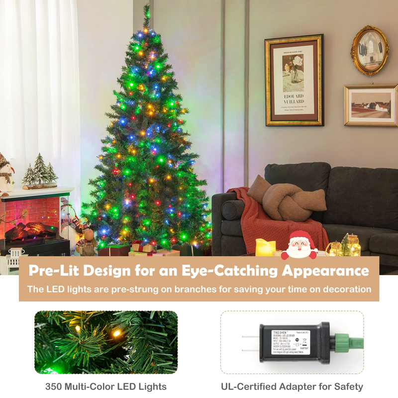 Load image into Gallery viewer, Goplus 7ft Artificial Pre-Lit Christmas Tree, Hinged Full Xmas Tree with 350 Multi-Color LED Lights - GoplusUS