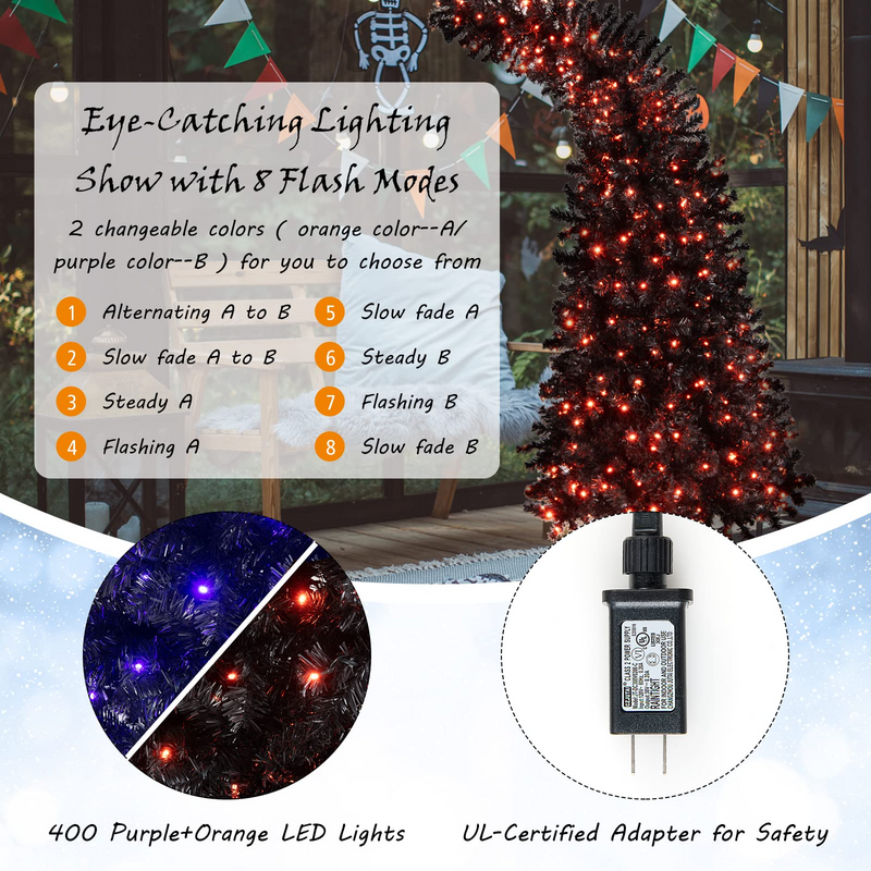 Load image into Gallery viewer, Goplus 7ft Pre-lit Black Halloween Tree, Hinged Artificial Christmas Tree with 1050 Tips, 400 Purple & Orange Lights - GoplusUS