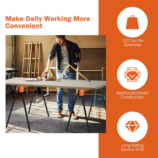 Goplus Folding Sawhorses Twin Pack, Portable Saw Horses with 2x4 Support Arms, 1322 LB Capacity