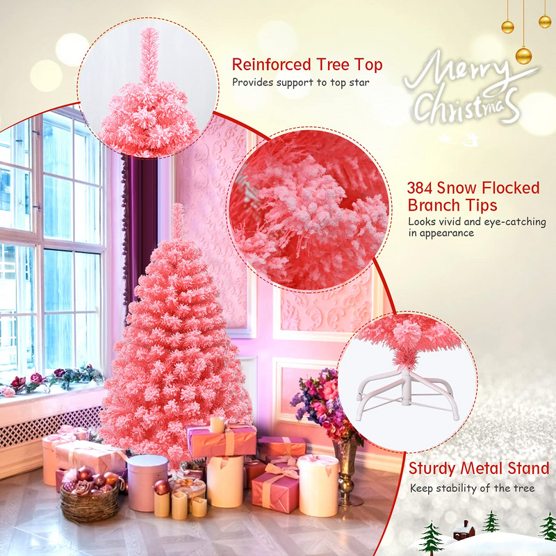 Load image into Gallery viewer, Goplus 4.5ft Pink Artificial Christmas Tree, Unlit Hinged Snow Flocked Xmas Tree w/ 348 PVC Branch Tips & Metal Stand - GoplusUS