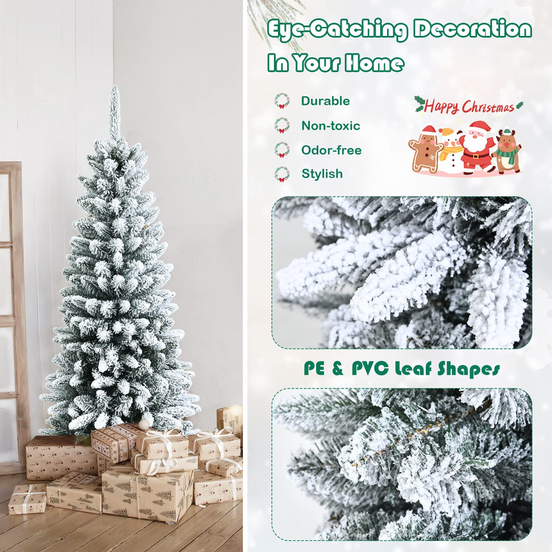 Load image into Gallery viewer, Goplus Snow Flocked Pencil Christmas Tree, Hinged Artificial Slim Xmas Tree - GoplusUS