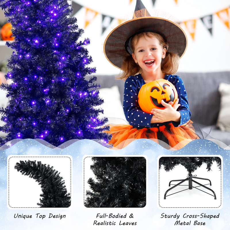 Load image into Gallery viewer, Goplus 7ft Pre-lit Black Halloween Tree, Hinged Artificial Christmas Tree with 1050 Tips, 400 Purple & Orange Lights - GoplusUS