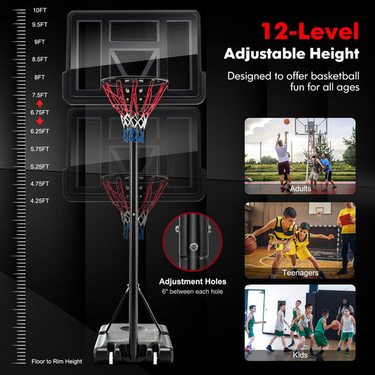 Goplus Portable Basketball Hoop Outdoor, 4.25-10FT 12-Level Height Adjustable Basketball Goal System - GoplusUS