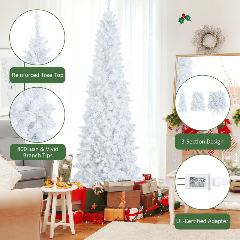 Load image into Gallery viewer, Goplus 7ft White Pre-Lit Pencil Christmas Tree, Artificial Hinged Slim Tree with 800 Tips, 300 Warm White Lights - GoplusUS