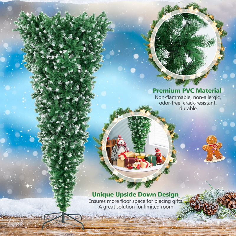 Load image into Gallery viewer, Goplus 7.5ft Pre-lit Upside Down Christmas Tree, Hinged Inverted Artificial Xmas Tree W/ 1100 Snowy Branch Tips - GoplusUS