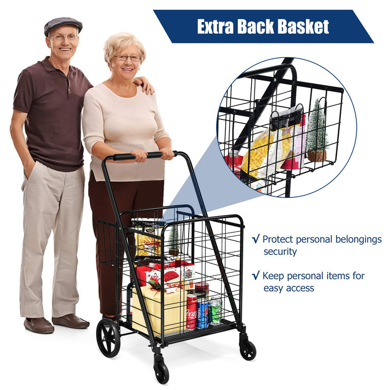 Load image into Gallery viewer, Folding Shopping Cart, Jumbo Double Basket Utility Grocery Cart 330lbs Capacity with 360 degree Rolling Swivel Wheels - GoplusUS