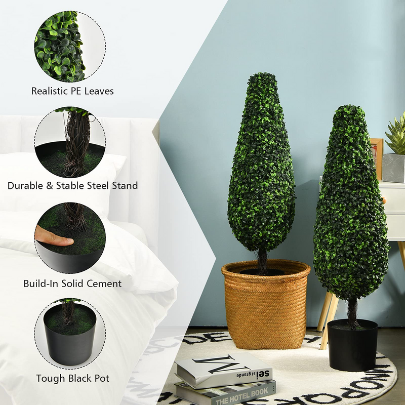 Load image into Gallery viewer, Goplus 3ft Artificial Boxwood Tower Topiary Trees, 2 Pack Faux Decorative Plants in Cement-Filled Plastic Pot - GoplusUS