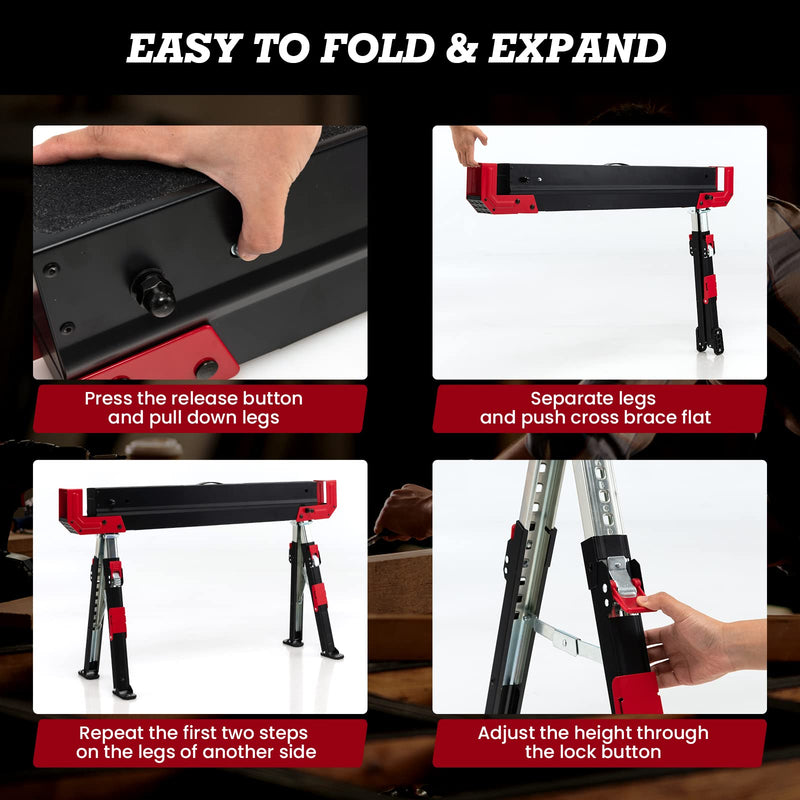 Load image into Gallery viewer, Goplus 2 Pack Folding Saw Horses, Heavy Duty Steel Sawhorse w/24闂傚倸鍊搁崐宄懊归崶顒€纾婚柟鐗堟緲绾惧潡鏌曢崼婵囧闁哄棙绮撻弻銊╂偄閸濆嫅銏ゆ煛閸曗晛鍔﹂柡?32.5闂傚倸鍊搁崐宄懊归崶顒€纾婚柟鐗堟緲绾惧潡鏌曢崼婵囧闁哄棙绮撻弻銊╂偄閸濆嫅銏ゆ煛閸曗晛鍔﹂柡?Adjustable Height, 2x4 Supporting Arms - GoplusUS