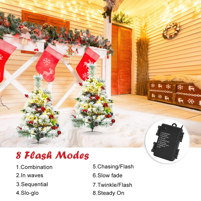 Load image into Gallery viewer, Goplus 2FT Pathway Christmas Trees Set of 2, Pre-Lit Snow Flocked Xmas Trees with 30 Warm White LED Lights - GoplusUS