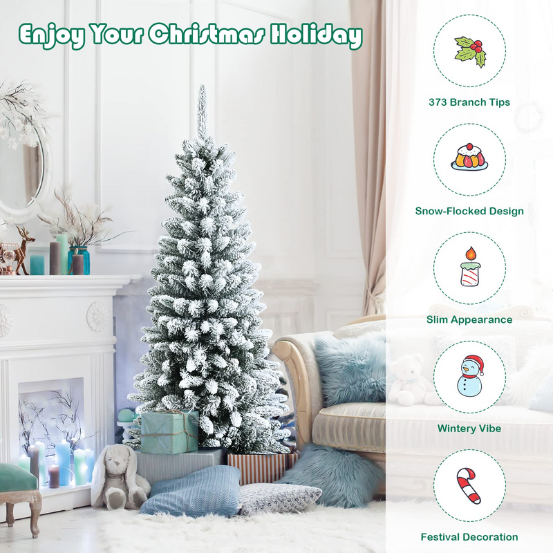 Load image into Gallery viewer, Goplus Snow Flocked Pencil Christmas Tree, Hinged Artificial Slim Xmas Tree - GoplusUS