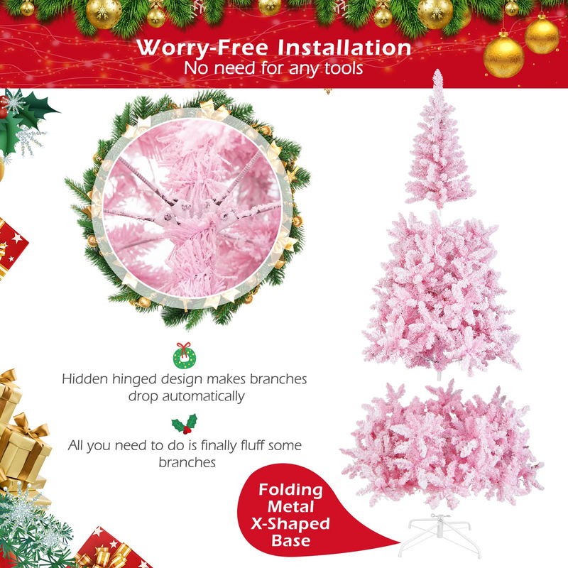 Load image into Gallery viewer, Goplus 7.5ft Pink Pre-Lit Christmas Tree, Hinged Artificial Snow Flocked Xmas Tree with 1100 PVC Branch Tips, 450 LED Lights - GoplusUS