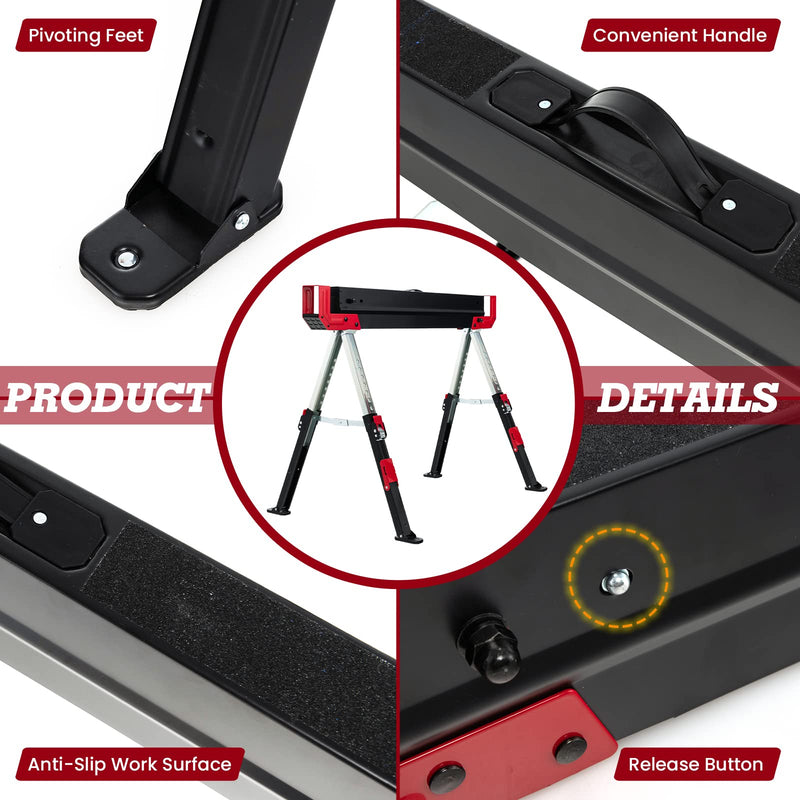 Load image into Gallery viewer, Goplus 2 Pack Folding Saw Horses, Heavy Duty Steel Sawhorse w/24闂傚倸鍊搁崐宄懊归崶顒€纾婚柟鐗堟緲绾惧潡鏌曢崼婵囧闁哄棙绮撻弻銊╂偄閸濆嫅銏ゆ煛閸曗晛鍔﹂柡?32.5闂傚倸鍊搁崐宄懊归崶顒€纾婚柟鐗堟緲绾惧潡鏌曢崼婵囧闁哄棙绮撻弻銊╂偄閸濆嫅銏ゆ煛閸曗晛鍔﹂柡?Adjustable Height, 2x4 Supporting Arms - GoplusUS