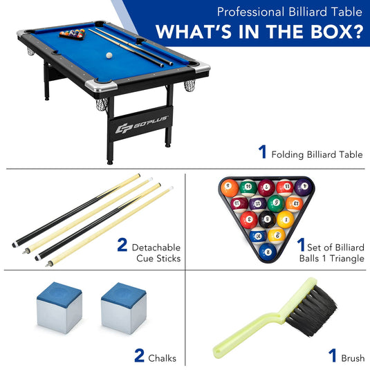 6 FT Folding Pool Table, 76 Inch Portable Billiard Tables for Adults, Full Accessory Kit - GoplusUS