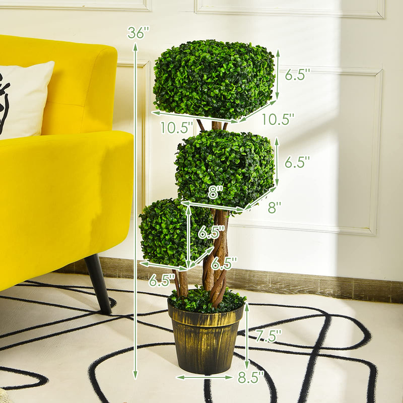 Load image into Gallery viewer, 36' Artificial Triple Square Shaped Boxwood Topiary Tree W/ Cement-Filled Plastic Pot - GoplusUS