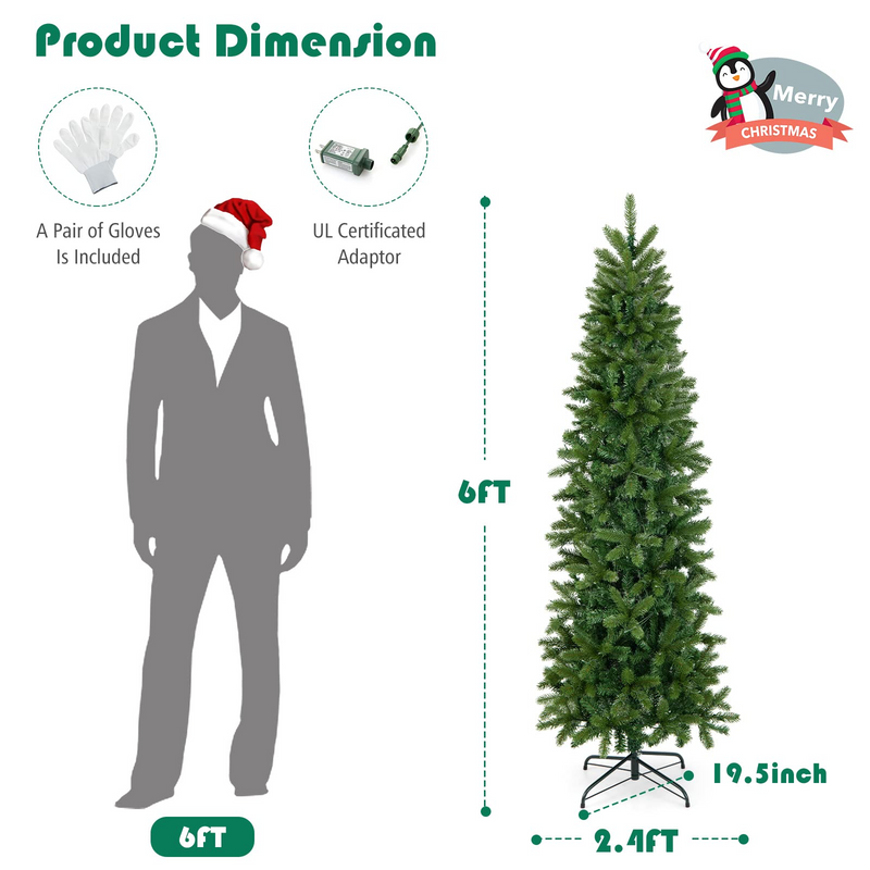 Load image into Gallery viewer, Goplus 6ft / 7ft Pre-Lit Pencil Christmas Tree, Hinged Artificial Slim Tree with 648 PVC PE Branch Tips - GoplusUS
