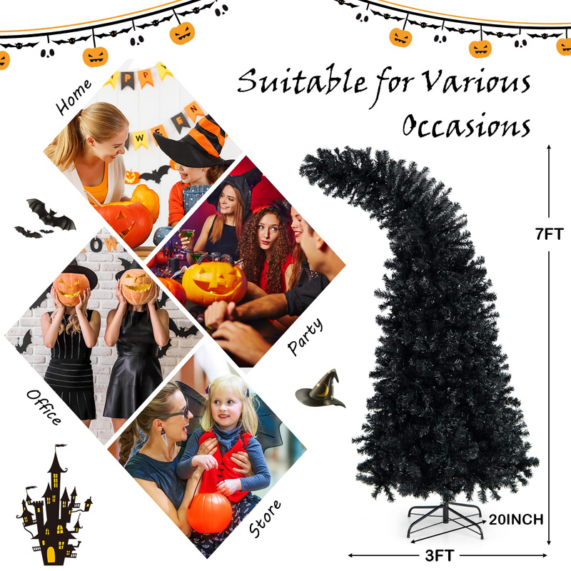 Load image into Gallery viewer, Goplus 7ft Pre-lit Black Halloween Tree, Hinged Artificial Christmas Tree with 1050 Tips, 400 Purple & Orange Lights - GoplusUS