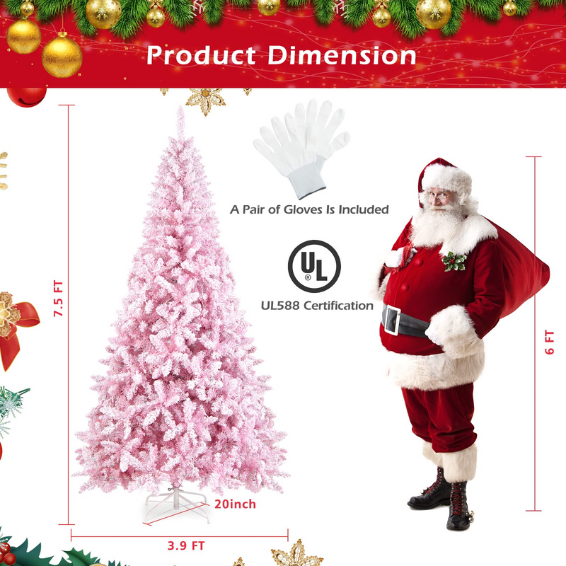 Load image into Gallery viewer, Goplus 7.5ft Pink Pre-Lit Christmas Tree, Hinged Artificial Snow Flocked Xmas Tree with 1100 PVC Branch Tips, 450 LED Lights - GoplusUS
