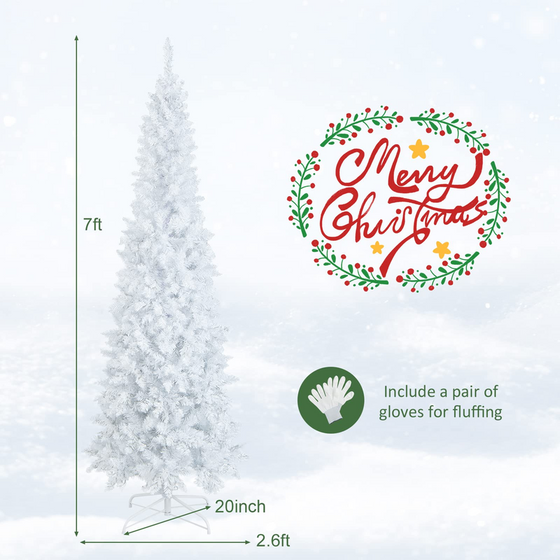 Load image into Gallery viewer, Goplus 7ft White Pre-Lit Pencil Christmas Tree, Artificial Hinged Slim Tree with 800 Tips, 300 Warm White Lights - GoplusUS