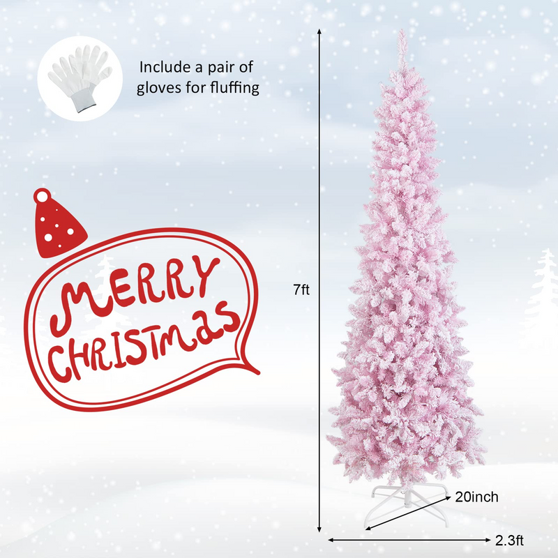 Load image into Gallery viewer, Goplus 7ft Pre-Lit Pencil Christmas Tree, Snow Flocked Artificial Slim Tree with 800 Branch Tips - GoplusUS