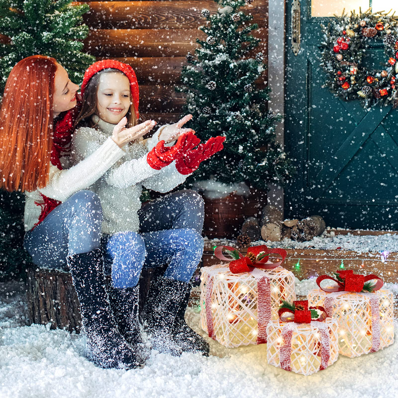 Load image into Gallery viewer, Lighted Gift Boxes Christmas Decoration, Set of 3 White Present Ornament Boxes with 60 LED Lights - GoplusUS