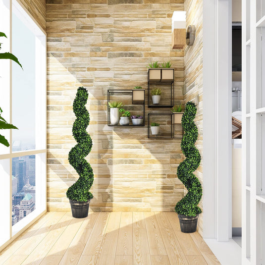 4FT Artificial Spiral Boxwood Topiary Tree Set of 2, Faux Decorative Plants in Cement-Filled Plastic Pot - GoplusUS