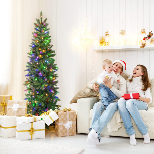 Goplus 6ft / 7ft Pre-Lit Pencil Christmas Tree, Hinged Artificial Slim Tree with 648 PVC PE Branch Tips - GoplusUS
